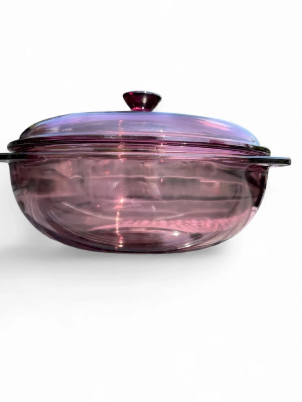 Vintage cranberry Pyrex casserole dish